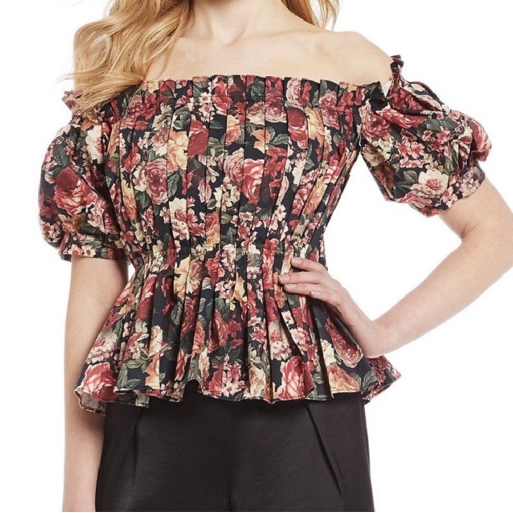Antonio Melani Floral Poplin Pleated Off the Shoulders Blouse